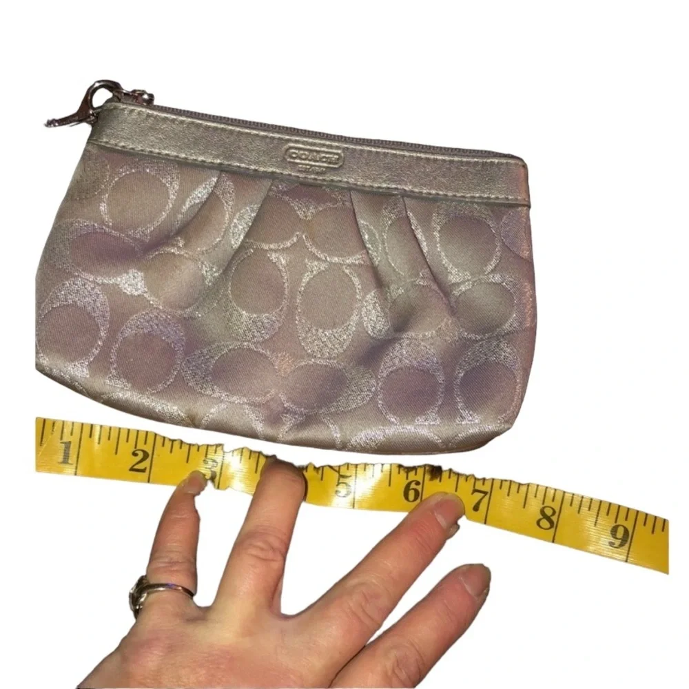Coach silver monogram Wristlet blue satin interior cards,cards & key fob
